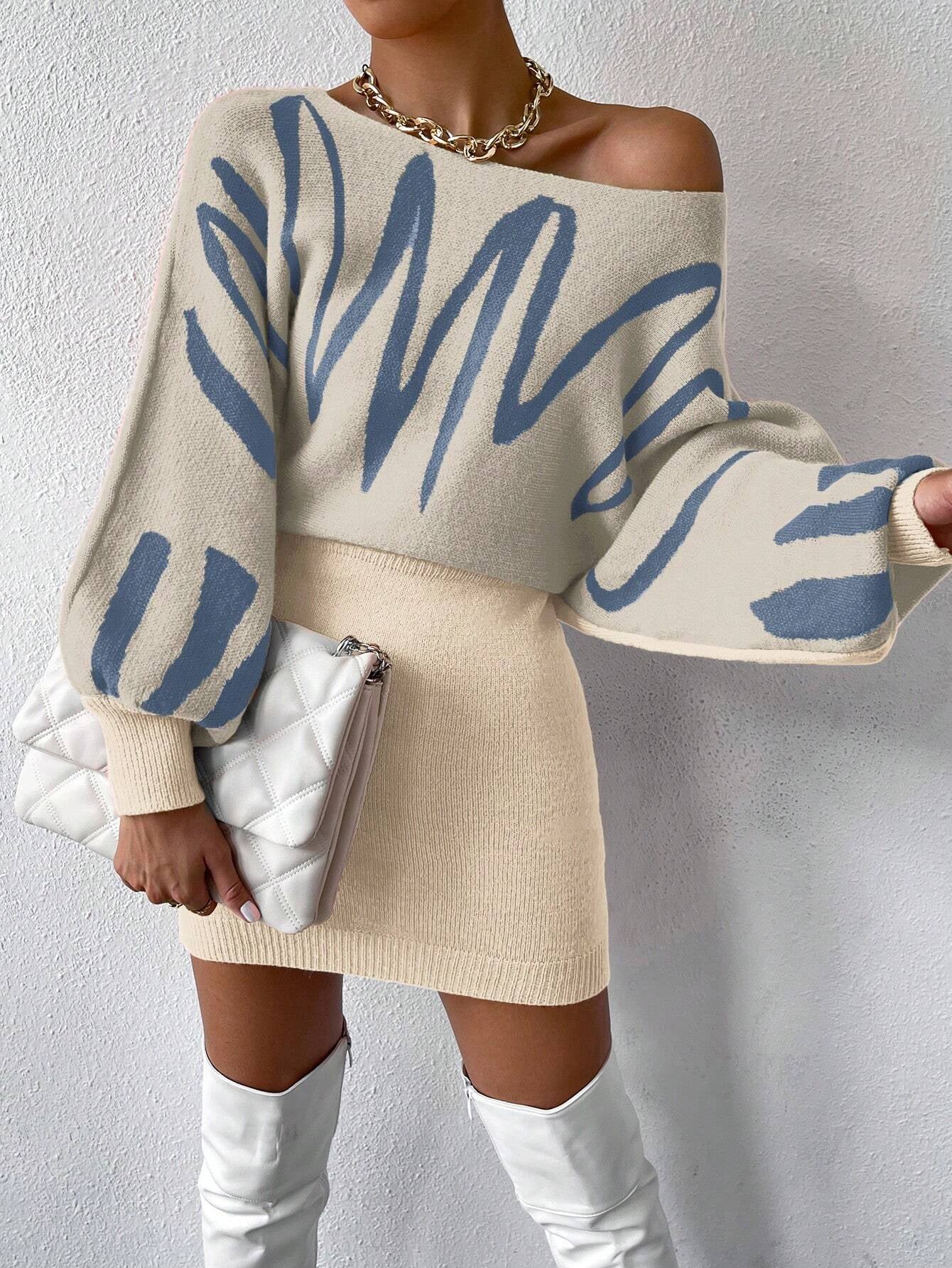 RaffinéA Graphic Pattern Batwing Sleeve Sweater Dress