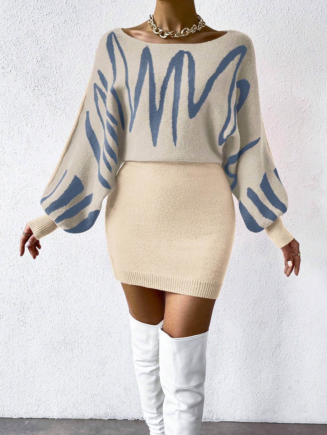 RaffinéA Graphic Pattern Batwing Sleeve Sweater Dress