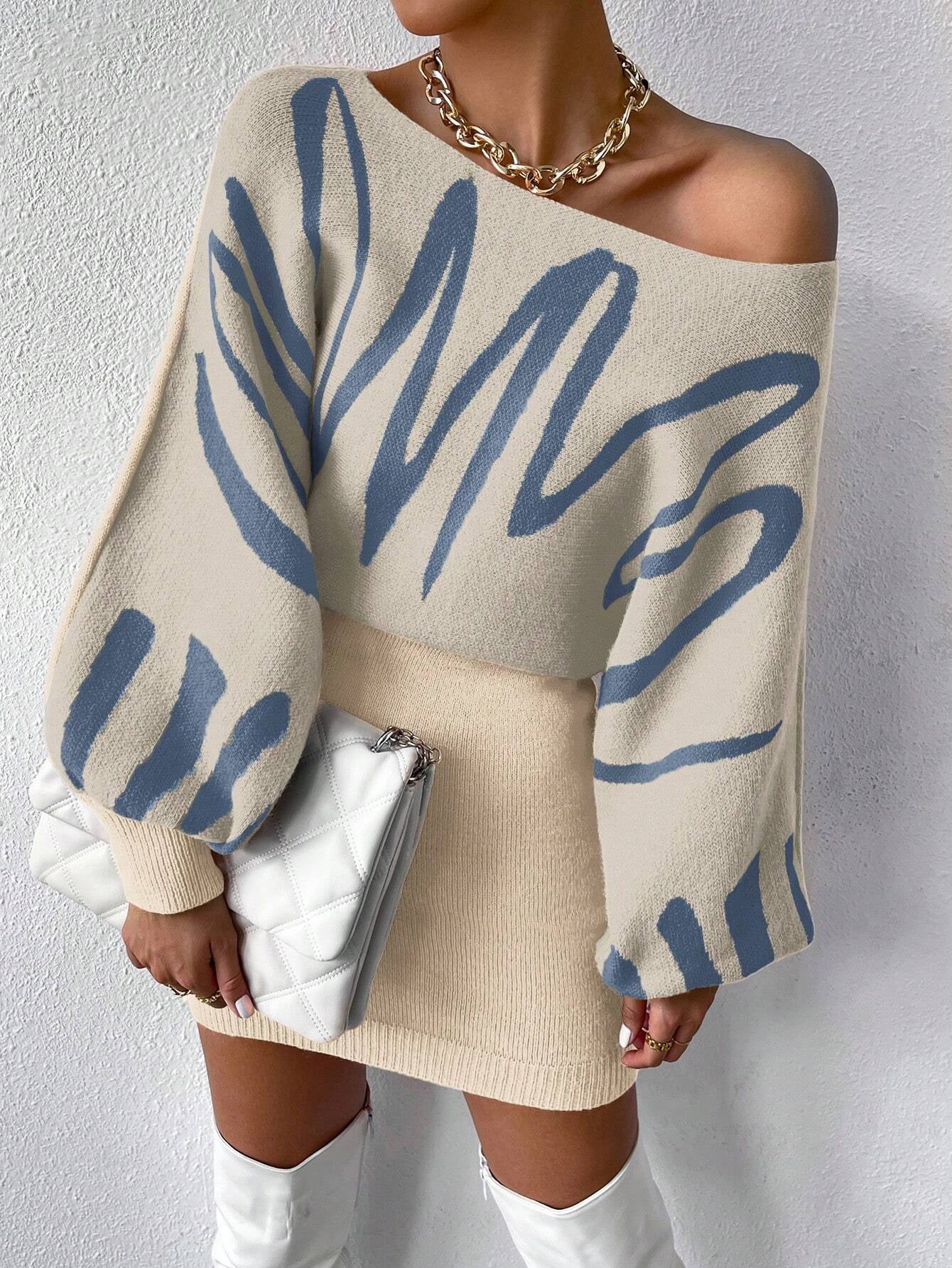 RaffinéA Graphic Pattern Batwing Sleeve Sweater Dress