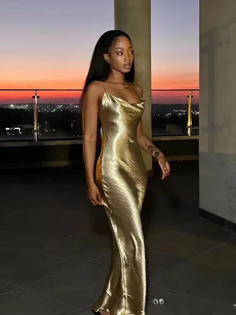Elegant Satin Backless Maxi Dress for Women