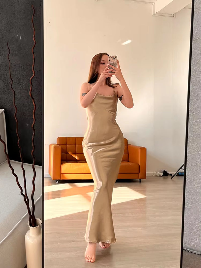 Elegant Satin Backless Maxi Dress for Women