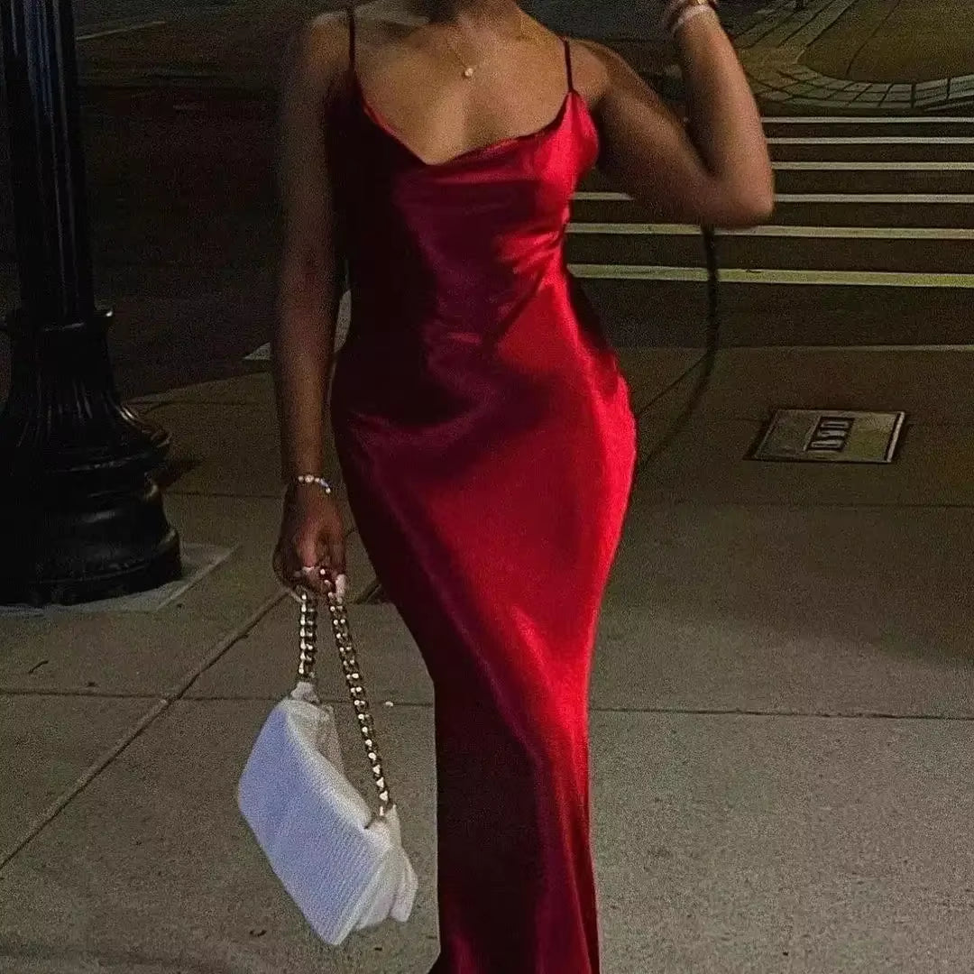 Elegant Satin Backless Maxi Dress for Women