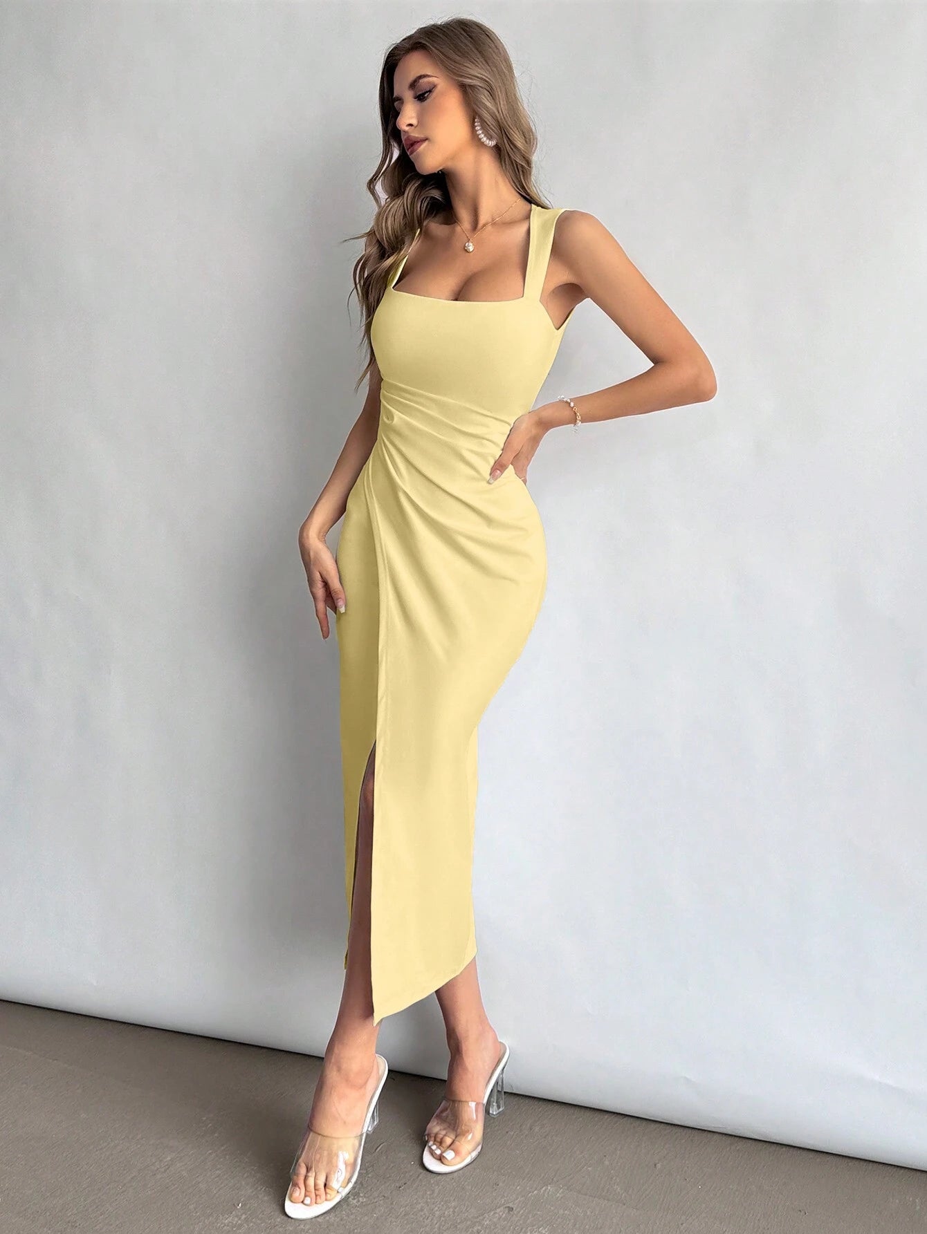 Firerie Women Square Neckline Ruched Waist Slit Dress, Elegant & Suitable for Vacation, Daily Wear or Wedding Season