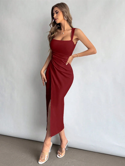 Firerie Women Square Neckline Ruched Waist Slit Dress, Elegant & Suitable for Vacation, Daily Wear or Wedding Season