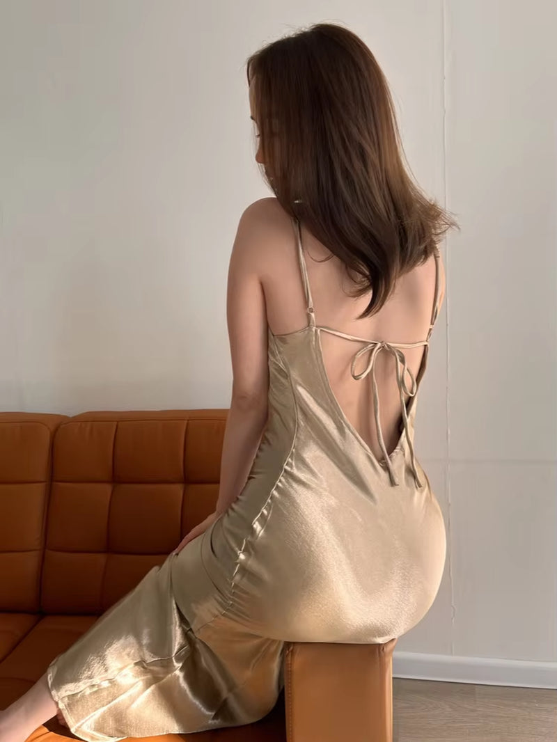 Elegant Satin Backless Maxi Dress for Women 